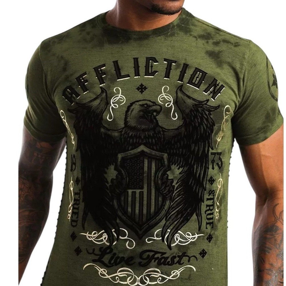 Affliction Mens Code Of Honor Graphic T-Shirt Olive Green Eagle Live Fast 2XL